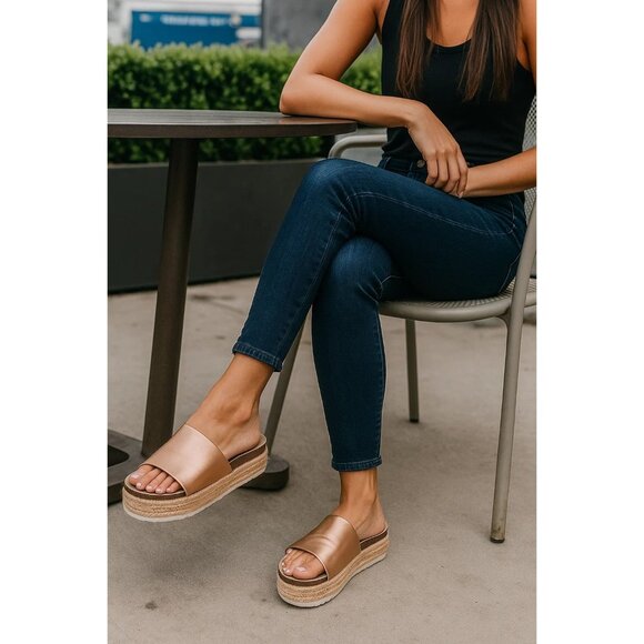 Report Metallic Bronze Jute Wrapped Platform Slides White Rubber Sole Size 8 - Picture 1 of 11